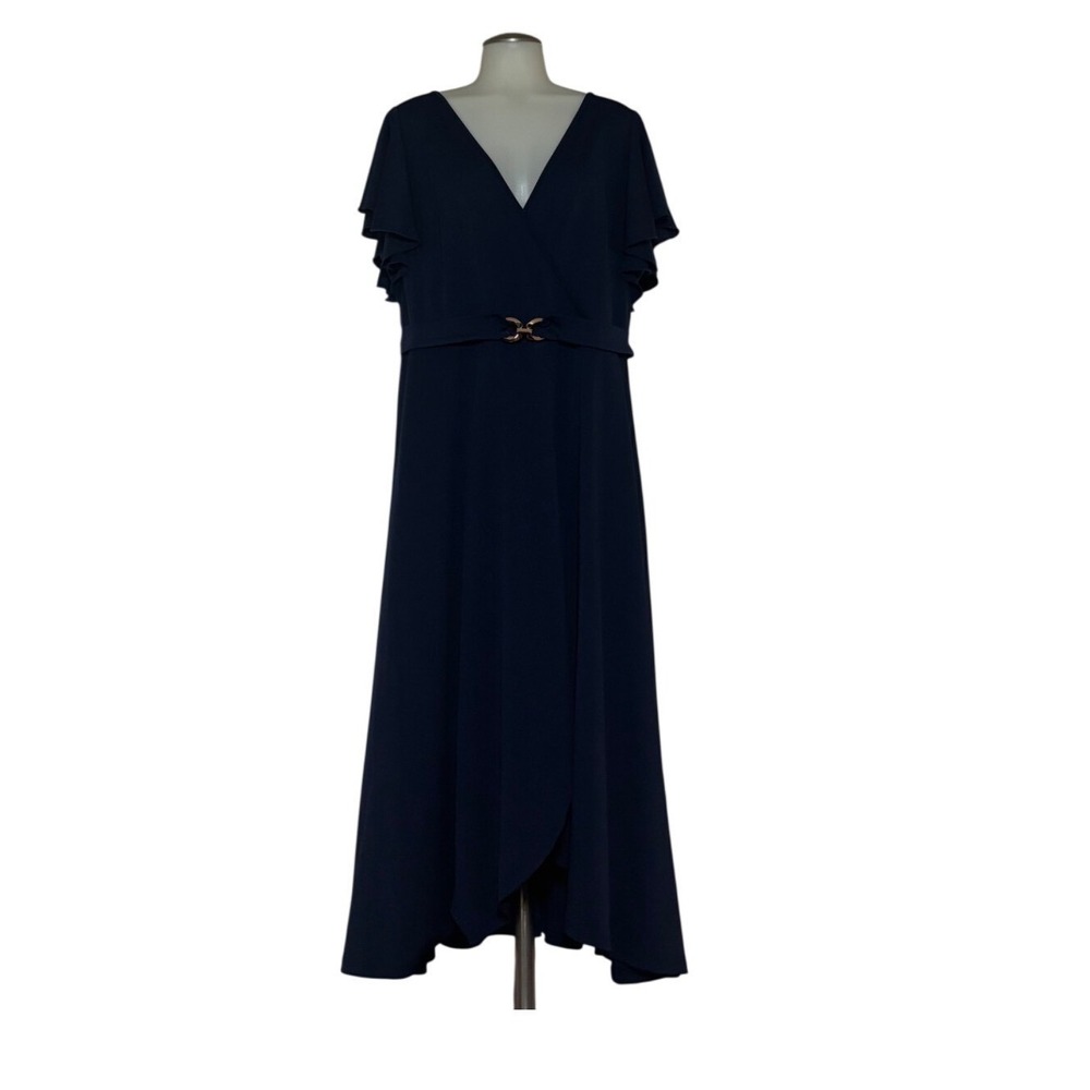 Midi Wrap Dress Women 1XL Navy Blue Good High-Low Ruffle Sleeve Gold Buckle NWOT
